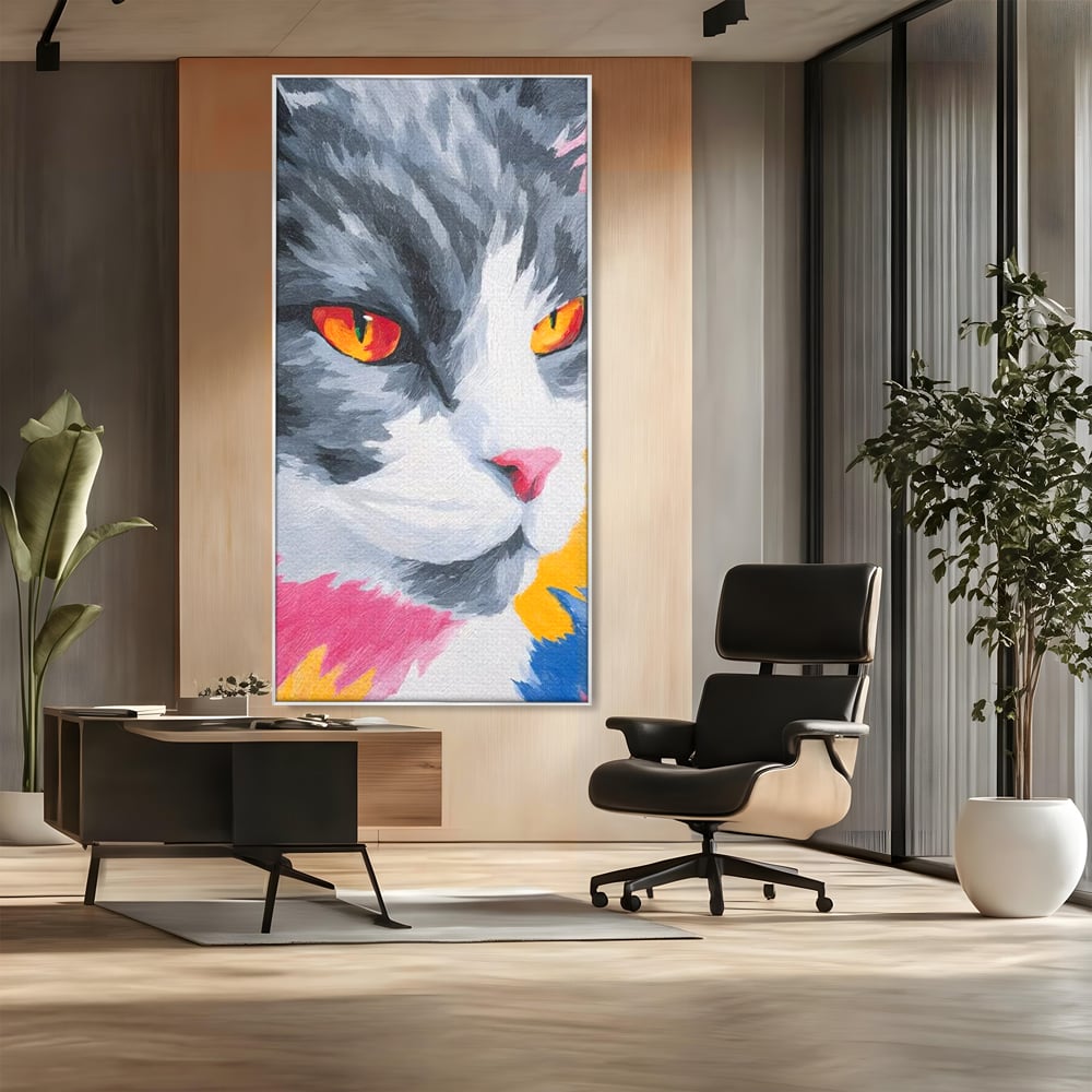 Tablou canvas cu tablou canvas cu portret de pisica, in rama de aluminiu argintiu, pe perete intr-un birou